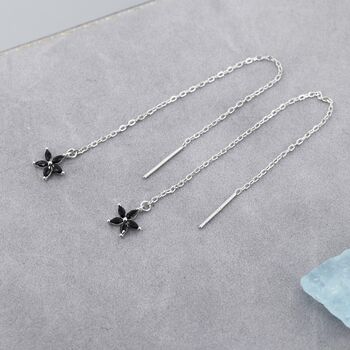 Black Cz Flower Threader Earrings In Sterling Silver, 5 of 11