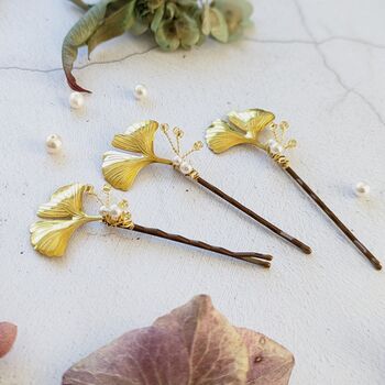 Gold Ginkgo Leaf Bridal Hair Pins, 5 of 7