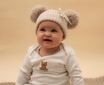 Cream Double Pom Pom Baby Hat With Ribbon Bow, 5 of 5