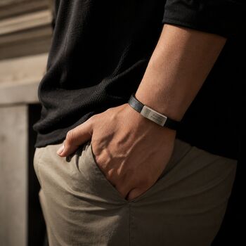 Black Minimalistic Leather Bracelet With Custom Engraving, 4 of 9