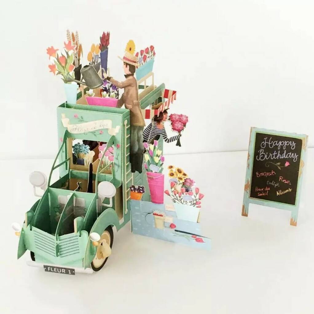 Pop Up 3D Birthday Card Florists Cart Sage Green, 1 of 4