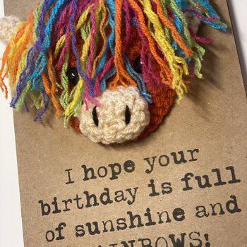 Rainbow Highland Cow Crochet Birthday Card Handmade Sunshine, 6 of 6