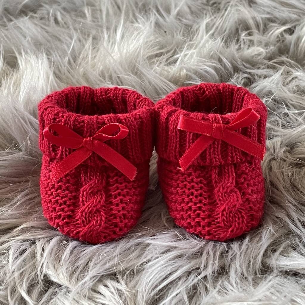 Wine Red Knitted Baby Booties With Bow, 1 of 6