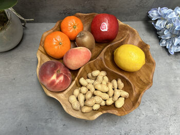 30cm Handcrafted Teak Wooden Triple Fruit Nuts Bowl, 3 of 12