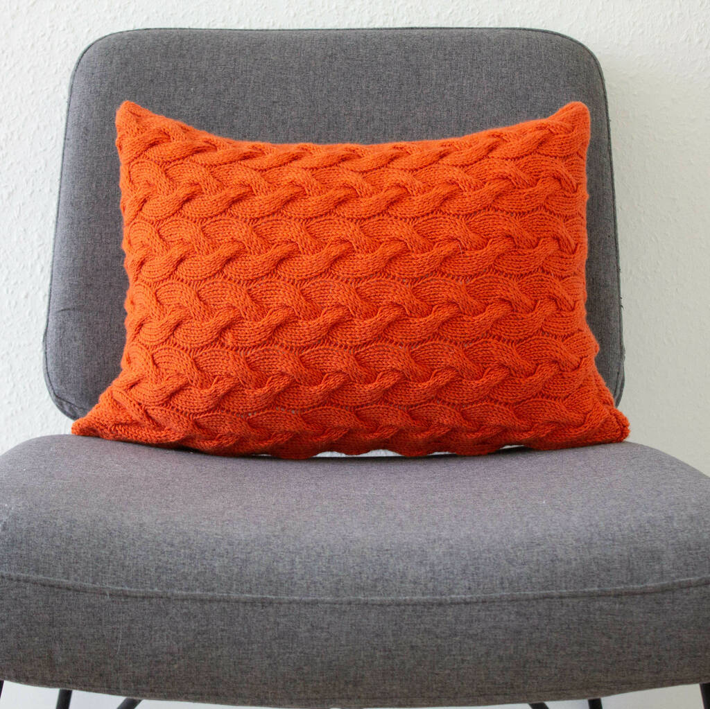 Hand Knit Lattice Cable Cushion In Tangerine, 1 of 4