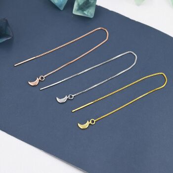 Crescent Moon Threader Earrings In Sterling Silver, 2 of 12