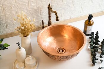 Engraved Matte Copper Vessel Sink With Drain Cap, 400 Mm Diameter, 4 of 8