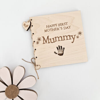 Personalised First Mother's Day Maple Wooden Card With Handprint Cut Out, 5 of 7