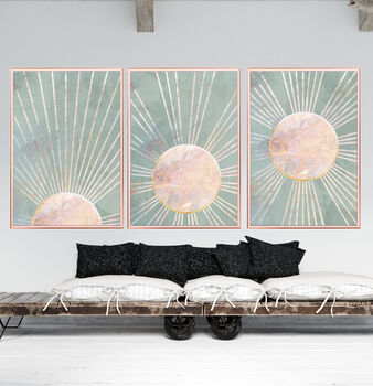 Custom Colour Set Of Three Bohemian Boho Suns Wall Art Prints, 7 of 9