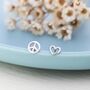 Tiny Mismatched Peace And Love Symbol Stud Earrings In Sterling Silver, thumbnail 3 of 12