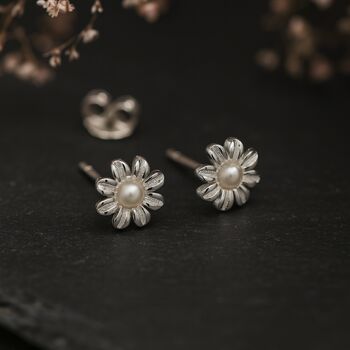 Sterling Silver Pearl Daisy Flower Tiny Stud Earrings, 8 of 8