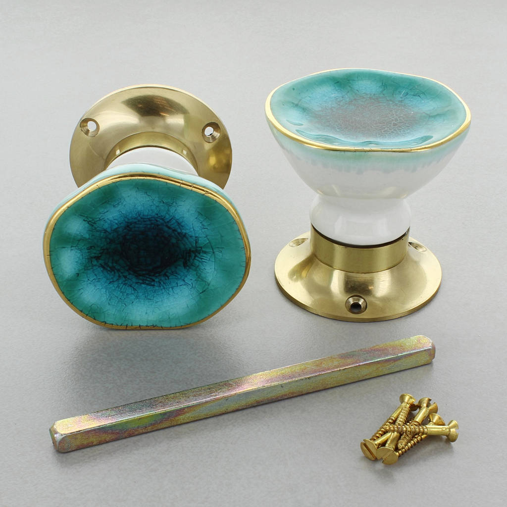 Sea Blue Rhodes Crackle Glaze Mortice Door Knobs By G Decor