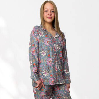 Grey And Pink Floral 100% Cotton Ladies Pyjamas, 7 of 8