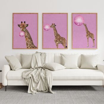 Pink Giraffe Bubble Gum Blowing Wall Art Print, 6 of 9