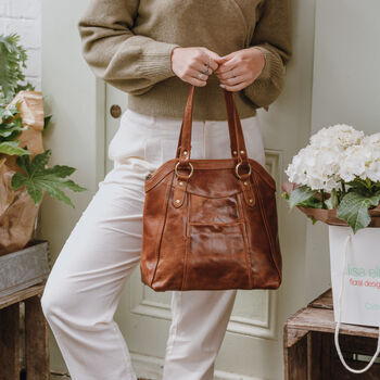 Leather Tote Bag With Pocket, Tan, 2 of 6