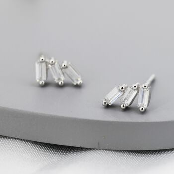 Sterling Silver Baguette Cz Trio Stud Earrings, 2 of 12