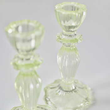 Pair Of Green Glass, Lace Edge Candlesticks, 2 of 10