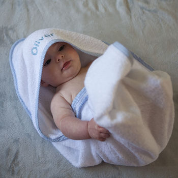Personalised Baby Hooded Towel Edged In Blue Gingham, 2 of 6