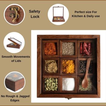 Wooden Handcrafted Square Spice Box Nine Compartments, 3 of 4