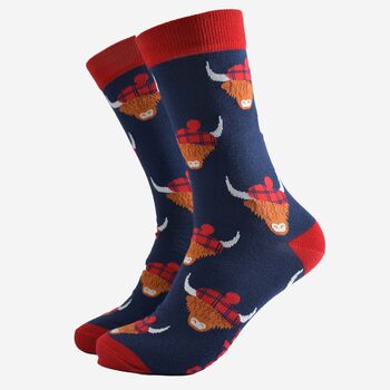 Men's Bamboo Socks Highland Cow Tartan Hat Blue, 2 of 5
