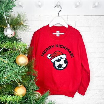 Merry Kickmas Kid's Football Christmas Jumper, 2 of 3