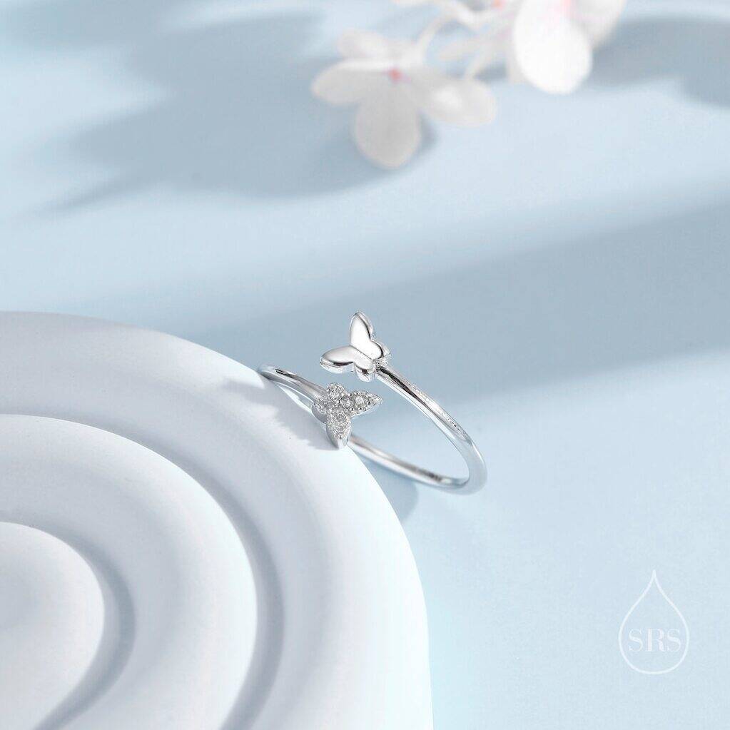 Sterling Silver Double Butterfly Open Ring, 1 of 11