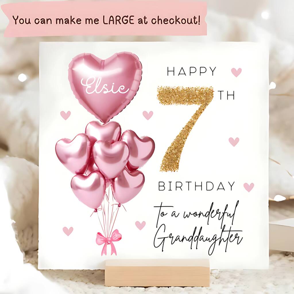 Granddaughter 7th Birthday Pink Balloon And Gold Glitter Effect Card
