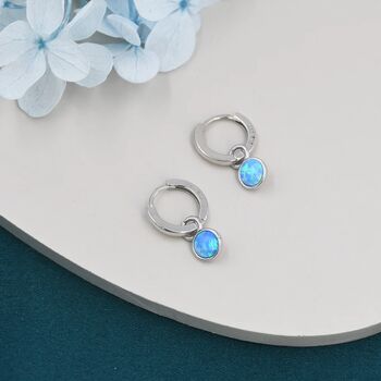 Sterling Silver Dangling Blue Opal Hoop Earrings, 8 of 11