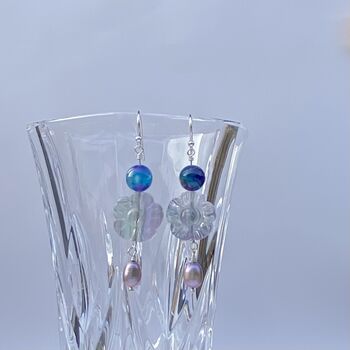 Carved Fluorite Flower And Purple Pearl Earrings, 2 of 3