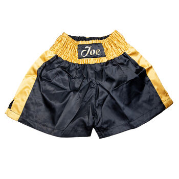 Personalised Boxing Shorts – Black And Gold Satin, 5 of 7