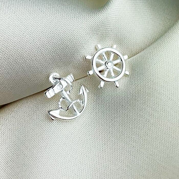 Sterling Silver Nautical Anchor And Wheel Stud Earrings, 3 of 5