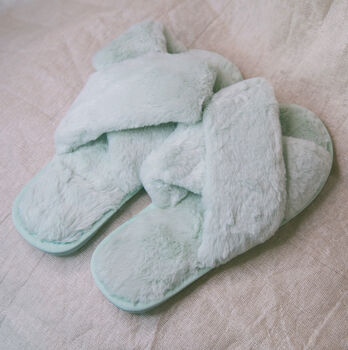 Blossom Faux Fur Slippers Mint Green, 3 of 4