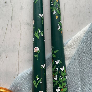 Dark Green Hand Painted White Floral Candles, 3 of 3