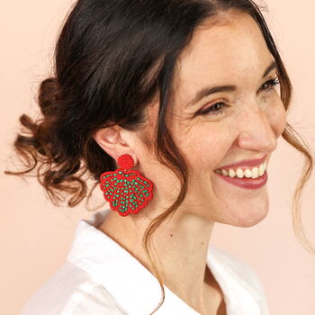 Beaded Red And Green Shell Drop Earrings, 3 of 4