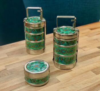 Three Tier Hand Painted Enamel Tiffin Lunch Box, 3 of 4