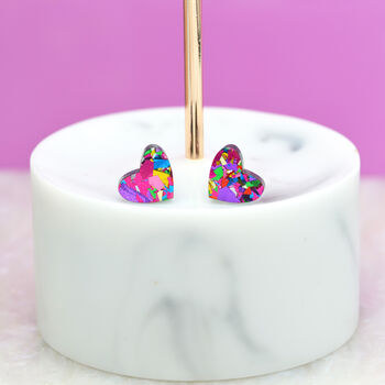 Pink Festival Confetti Love Heart Earrings Studs, 2 of 5