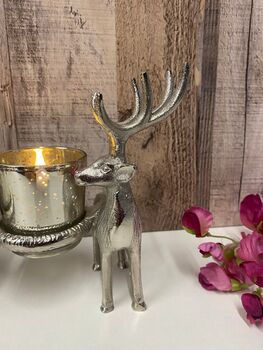 Silver Stag Triple Tealight Holder Metal And Glass Ornament Candle Holder, 5 of 8