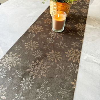 Velvet Christmas Table Runner With Copper Snowflakes Chocolate Brown 3m, 3 of 3