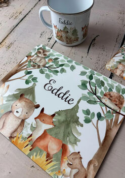 Kids Personalised Woodland Placemat, Coaster And Mug Dinner Set, 2 of 7