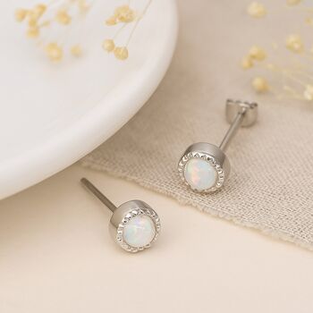 Sterling Silver White Opal Textured Stud Earrings, 4 of 10