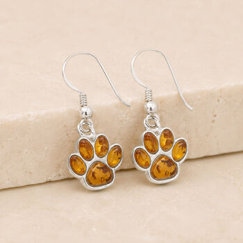 Sterling Silver Baltic Amber Paw Print Drop Earrings, 2 of 4