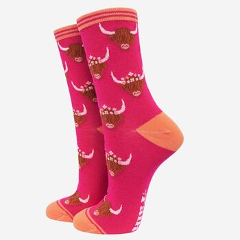Women's Highland Cow Bamboo Socks Pink, 2 of 4