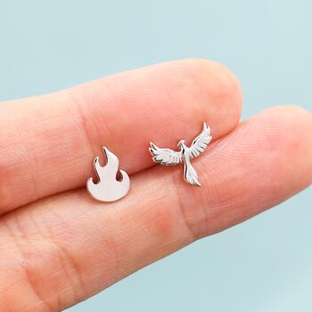 Mismatched Sterling Silver Phoenix And Fire Stud Earrings, 4 of 11