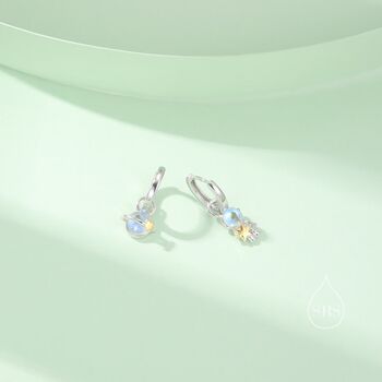 Sterling Silver Mismatched Moonstone Astronaut And Planet Charmed Hoop Earrings, 7 of 11