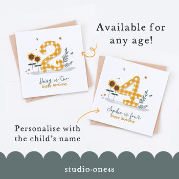 Personalised Any Age Sunflowers Gingham Birthday Card, 2 of 3