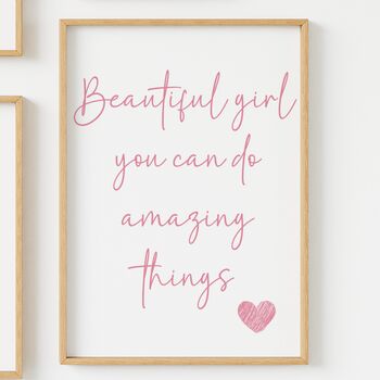 Girls Affirmation Pink Themed Personalised Wall Print Set For Bedroom Or Nursery, 3 of 5