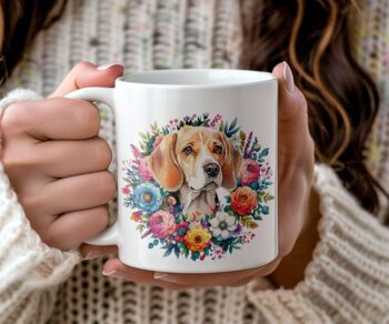 Personalised Beagle Summer Floral Dog Wreath Cushion And Mug Gift Bundle, 2 of 4