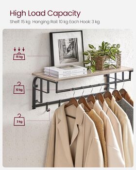 Wall Mounted Coat Rack With Shelf And Five Hooks, 8 of 12