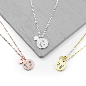 Personalised Birth Flower Heart And Disc Necklace, 2 of 12