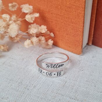 Personalised Name And Date Adjustable Silver Ring, 2 of 8